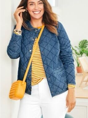 Talbots Collarless Quilted Denim Jacket